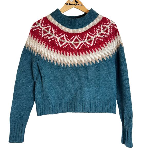 American Eagle Women's Small Fair Isle Knit Mock Neck Sweater - Red and Teal - Picture 5 of 6